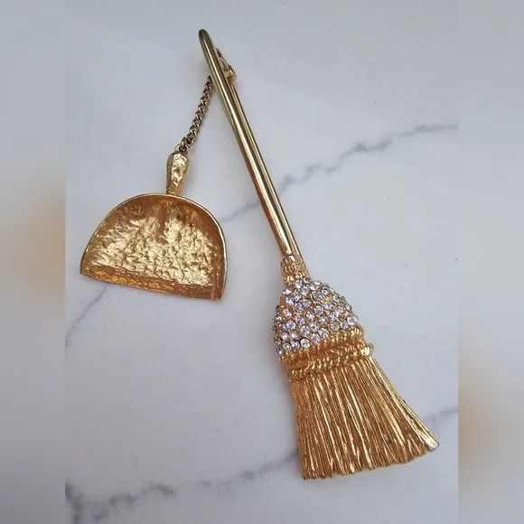 R. Mandle Gold Tone Broom and Dustpan Brooch Very Rare